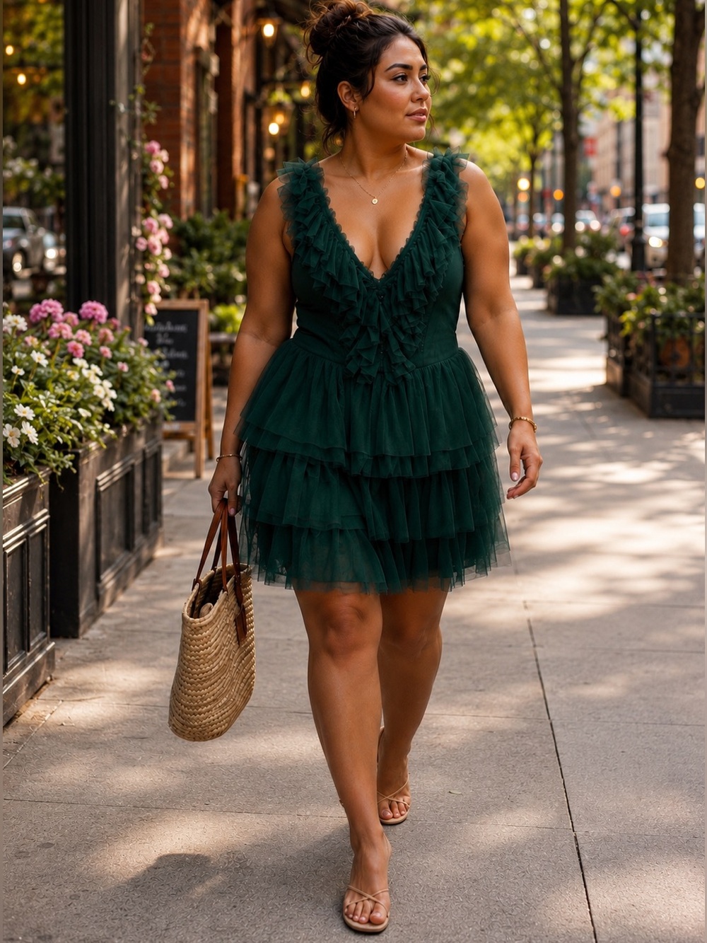 City Studio Dark Green Tiered Tulle V-Neck Mini Dress